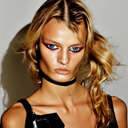 Image similar to portrait of young edita vilkeviciute, versace fashion show 2 0 1 1 spring summer backstage, makeup by pat mcgrath