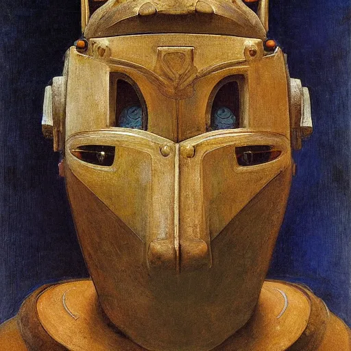 Image similar to masterpiece painting of a robot cat head mask, by annie swynnerton and diego rivera and nicholas roerich and jean delville, symbolist, dramatic lighting, god rays, elaborate geometric ornament, art brut, rich colors, smooth, sharp focus, extremely detailed, adolf wolfli and ( donato giancola )