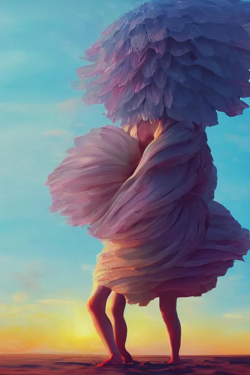 Image similar to closeup giant dahlia flower head, girl standing on beach, surreal photography, blue sky, sunrise, dramatic light, impressionist painting, digital painting, artstation, simon stalenhag