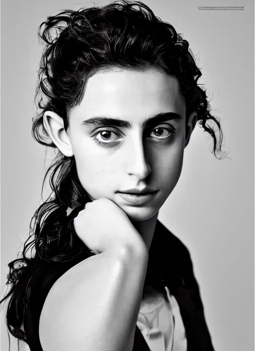 Image similar to portrait of beautiful female timothee chalamet by mario testino, headshot, detailed, award winning, sony a 7 r