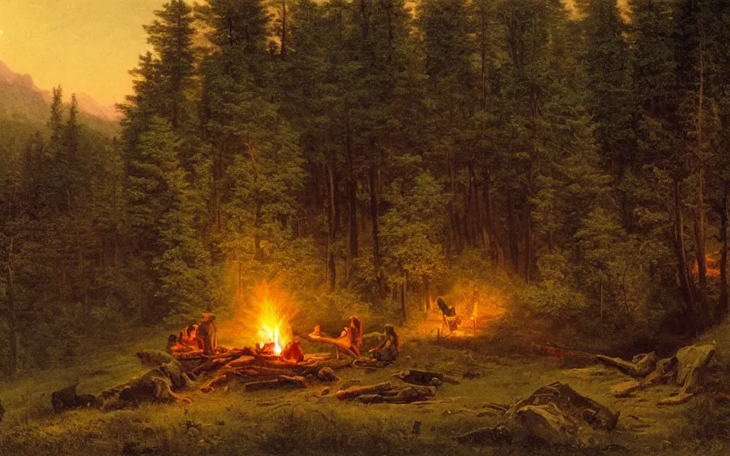 Image similar to campfire on the edge of a forest overlooking a beautiful valley at dusk, cinematic lighting, intricate ink illustration, by albert bierstadt