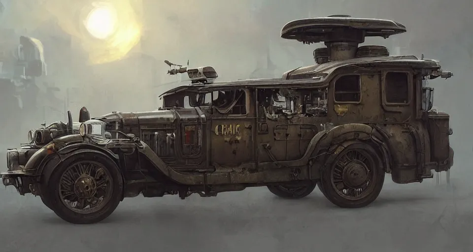 Image similar to a highly detailed epic cinematic concept art CG render digital painting artwork scene: retrofuturistic 1920s cyberpunk steampunk soviet police patrol car inspired by a locomotive emitting smoke. By Greg Rutkowski, Ilya Kuvshinov, WLOP, Stanley Artgerm Lau, Ruan Jia and Fenghua Zhong, trending on ArtStation, made in Maya, Blender and Photoshop, octane render, excellent composition, cinematic dystopian brutalist atmosphere, dynamic dramatic cinematic lighting, aesthetic, very inspirational, arthouse