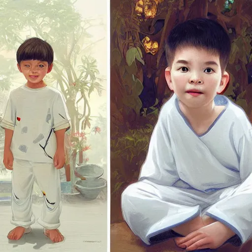 Prompt: young boy wearing white fabric pajama with cartoon paintings on it. standing and looking on a small furry smiling monkey. highly detailed, digital painting, artstation, concept art, smooth and sharp focus, cg by tian zi and wlop and alphonse mucha