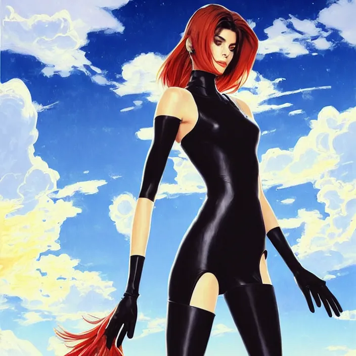 Image similar to full body portrait of a combination of Ashley Greene, Victoria Justice and Adriana Dxim, Grace Kelly and Lily Collins wearing a Plugsuit from Neon Genesis Evangelion, countryside, calm, fantasy character portrait, dynamic pose, above view, sunny day, thunder clouds in the sky, artwork by Jeremy Lipkin and Giuseppe Dangelico Pino and Michael Garmash and Rob Rey and Greg Manchess and Huang Guangjian, very coherent asymmetrical artwork, sharp edges, perfect face, simple form, 100mm