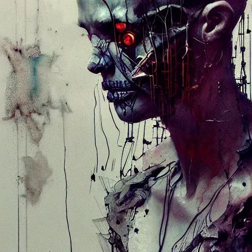 Image similar to skulls wires skin cyberpunk by emil melmoth zdzislaw belsinki craig mullins yoji shinkawa realistic render ominous detailed photo atmospheric by jeremy mann francis bacon and agnes cecile ink drips paint smears digital glitches glitchart