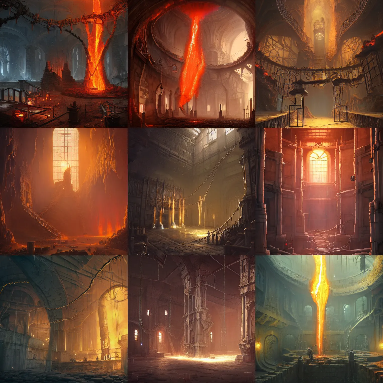 Prompt: beautiful victorian prison with large pillars, lava streams, magma canal, chains hanging from ceiling, light dust, by peter mohrbacher dan mumford craig mullins nekro, cgsociety, pixiv, volumetric light, 3 d render