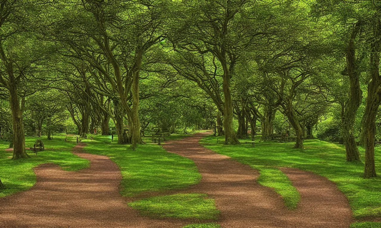 Image similar to english park maze ancient train pathways and walkers, digital art, perfect lighting