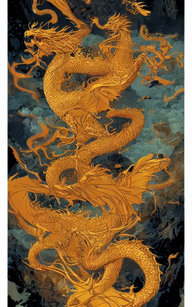 Prompt: the golden dragon ， by victo ngai, andreas rocha, john harris and feng zhu and loish and laurie greasley,