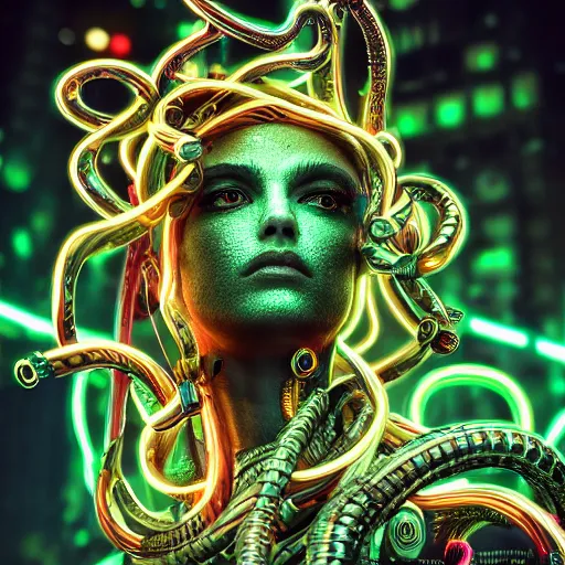 Prompt: Cyberpunk medusa, neon, intricate, ornate, photorealistic, ultra detailed, realistic, 35mm, photography, octane, high definition, depth of field, bokeh, 8k, artstation