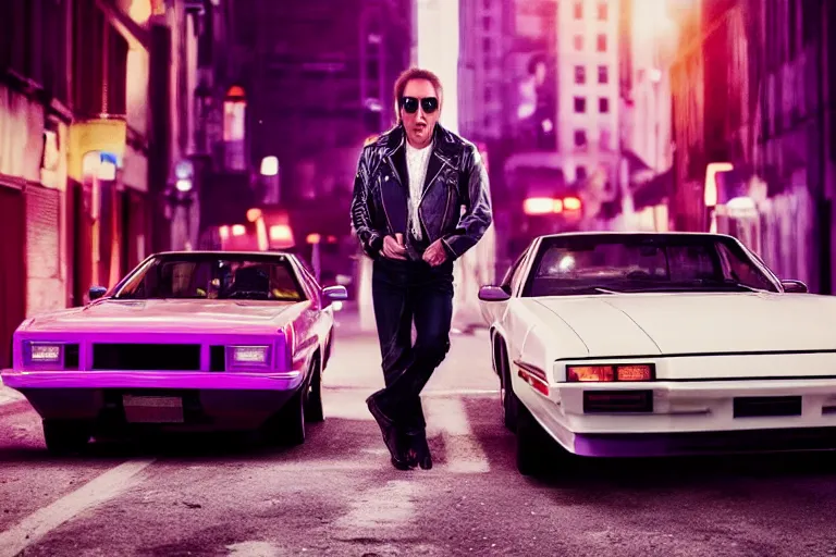 Prompt: 80s dressed Nicolas Cage posing and in the background there two 80s sports cars parked on a deserted city street at night time, purple lighted street, wide angle, cinematic, retro-wave vibes, grainy, soft motion blur