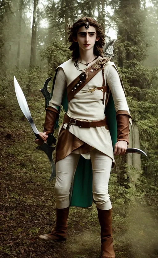 Prompt: epic cinemati shot of Timothee Chalamet starring as Link from Legend of Zelda, 8k movie scene, elf ears, long blonde hair, +++ super super super dynamic posing, super serious facial expression, holding a sword & shield, ocarina of time movie, concept photos, dynamic lighting, dynamic shaders, night time, in the forest, fairy light above