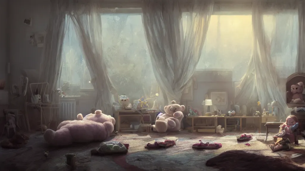 Prompt: a Photorealistic hyperrealistic render of an interior of a spoiled child's beautiful bedroom with a giant teddy bear sitting on the floor by PIXAR,Greg Rutkowski,WLOP,Artgerm,dramatic moody sunset lighting,long shadows,Volumetric, cinematic atmosphere, Octane Render,Artstation,8k