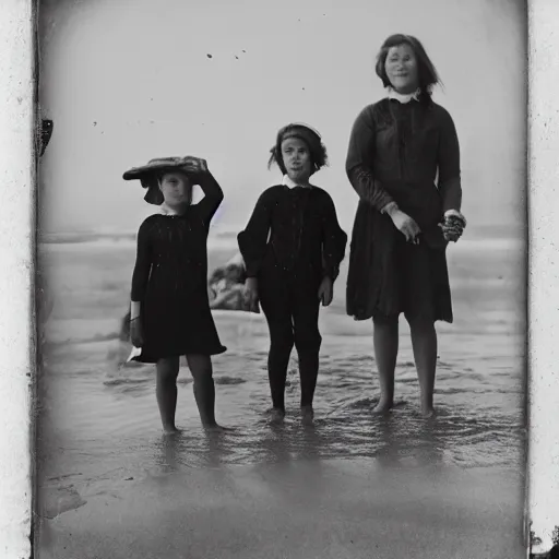Prompt: a wet plate collodion photo of a Victorian seaside scene, twin girls and an older brother paddle in the lapping waves, watched by their nanny standing on the beach