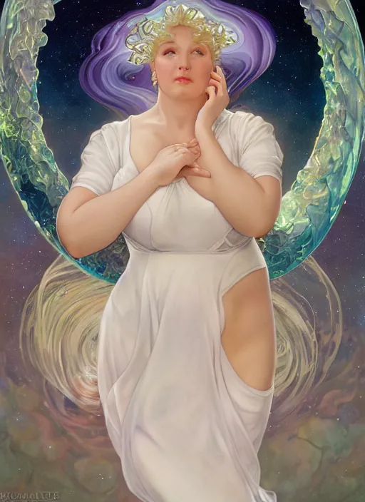 Image similar to a chubby white woman with pointed ears, wearing a white sundress, and a swirling sparkling cloud nebula for hair, realistic painting by ross tran and gerald brom and alphonse mucha, ilya kuvshinov, svetlana tigai, artgerm, trending on artstation