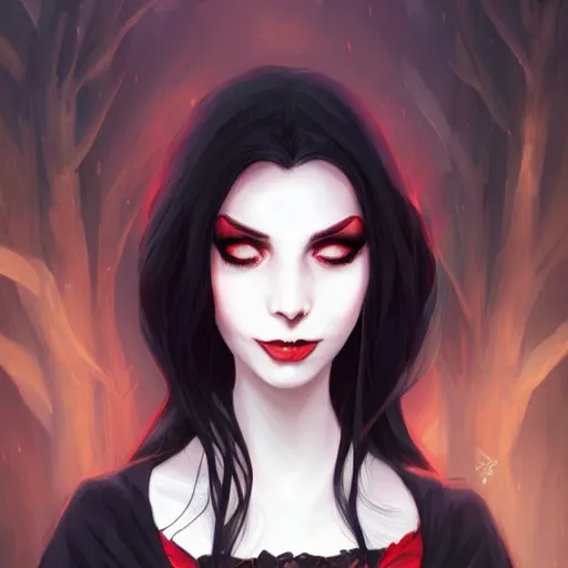 Image similar to a portrait of a very beautiful vampire woman with black hair and pale skin, red eyes, wearing a black cloak, nightime village background, dramatic lighting, 4k resolution, illustration, high quality, highly detailed, charlie bowater, lois van baarle, ilya kuvshinov, rossdraws, artstation