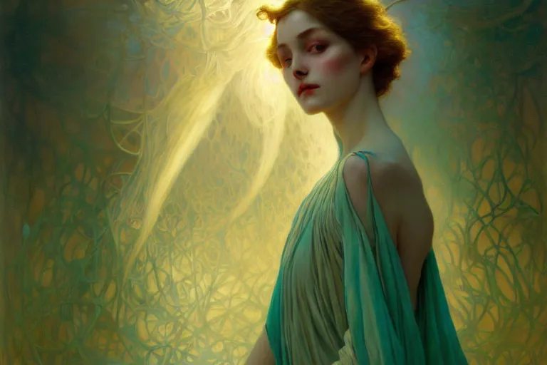 Image similar to pale teal becoming light itself, fantasy, intricate, elegant, dramatic lighting, emotionally evoking symbolic metaphor, highly detailed, lifelike, photorealistic, digital painting, artstation, concept art, smooth, sharp focus, illustration, art by John Collier and Albert Aublet and Krenz Cushart and Artem Demura and Alphonse Mucha