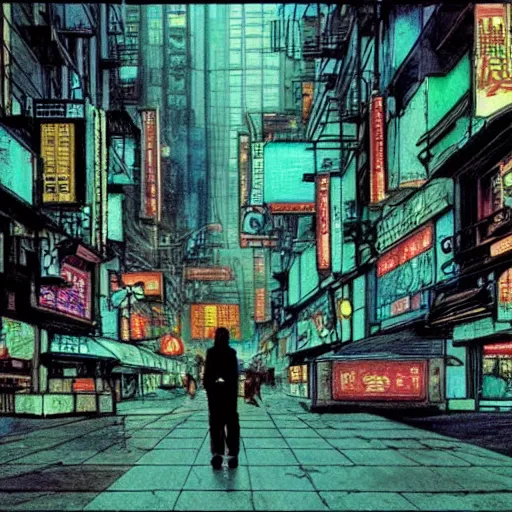 Image similar to blader runner city, weathered drawing, film grain, bright neon lighting, dark pastel colors, drawn by satoshi kon, katsuhiro otomo