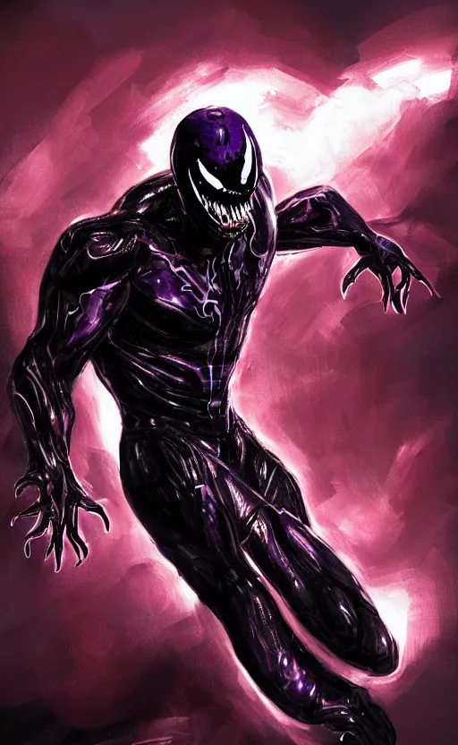 Image similar to venom in a venom inspired ironman suit, purple, black and red, dynamic lighting, photorealistic fantasy concept art, trending on art station, stunning visuals, terrifying, creative, cinematic