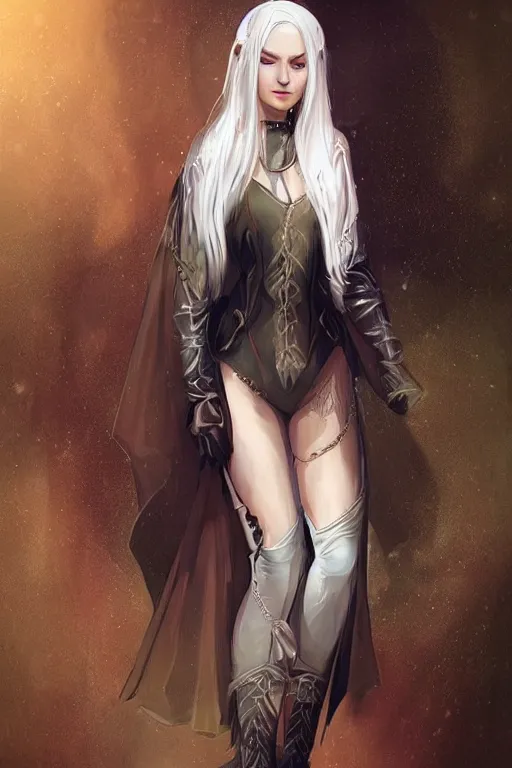 Image similar to a beatiful female elven priestess with white hair wearing thigh high black leather boots, detailed digital art in the style of Charlie Bowater