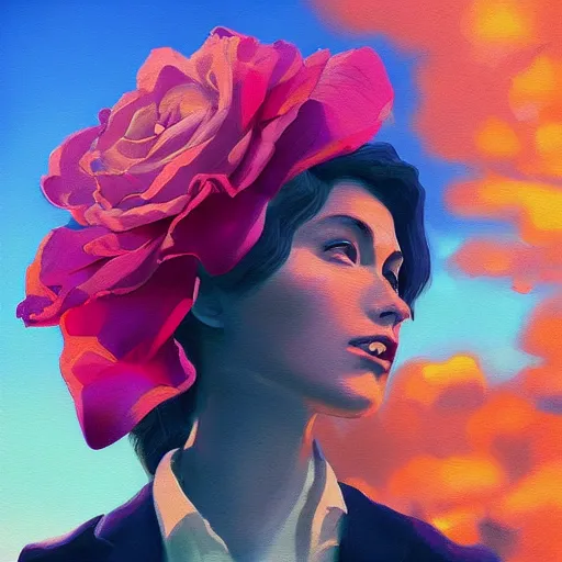 Image similar to closeup, giant rose flower head, portrait, girl with suit, surreal photography, sunrise, blue sky, dramatic light, impressionist painting, digital painting, artstation, simon stalenhag