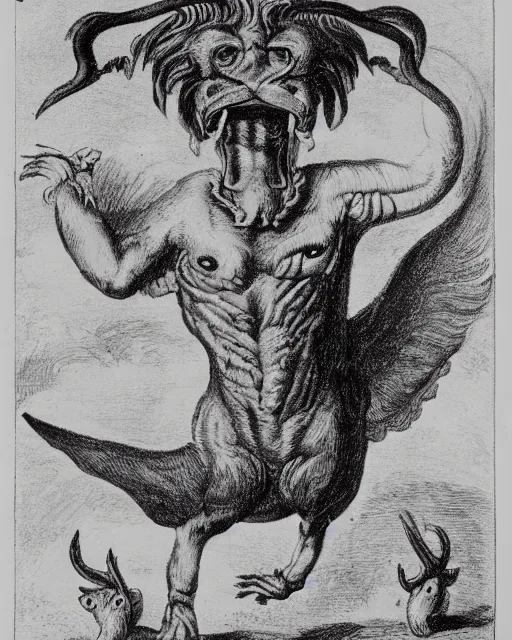 Image similar to a creature with the body and eyes of a man, with the beak of an eagle, the mane of a lion, and the horns of an ox. drawn by francis bacon