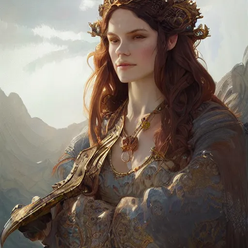 Prompt: portrait of a rugged queen, D&D, fantasy, intricate, elegant, highly detailed, digital painting, artstation, concept art, smooth, sharp focus, illustration, art by artgerm and greg rutkowski and alphonse mucha