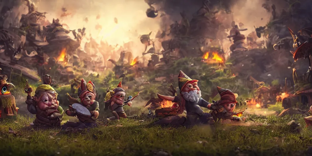 Prompt: An Epic gnome war, realistic 4k octane beautifully detailed render, 4k post-processing, highly detailed, intricate complexity, epic composition, magical atmosphere, cinematic lighting, masterpiece, ultra hd