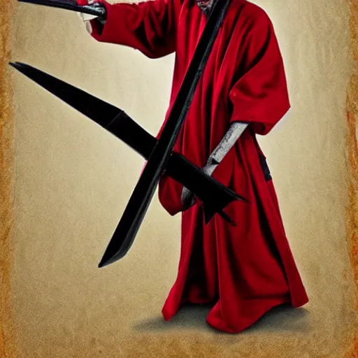 Prompt: an image of a 7 foot tall zombie lord in red robes holding a scythe