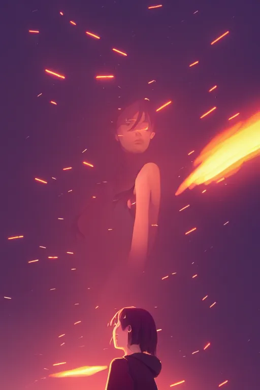 Prompt: 4K hyper detailed portrait of a beautiful liminal embers igniting a black background, flying through the sky, sending flickering aesthetic firefly ashes towards viewer by Makoto Shinkai, by Artgerm, by beeple, by Greg Rutkowski, volumetric lighting, octane render, 4K resolution, trending on artstation, masterpiece