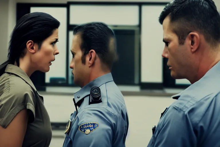 Image similar to vfx film closeup, police detective couple arguing in police precinct, over the shoulder shot, flat color profile low - key lighting award winning photography arri alexa cinematography, hyper real photorealistic cinematic beautiful natural skin, famous face, atmospheric cool colorgrade