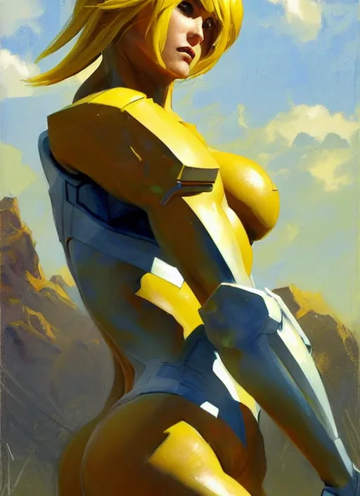 Prompt: Greg Manchess painting of Samus from Metroid Prime, countryside, calm, fantasy character portrait, dynamic pose, above view, sunny day, thunder clouds in the sky, artwork by Jeremy Lipkin and Giuseppe Dangelico Pino and Michael Garmash and Rob Rey, very coherent asymmetrical artwork, sharp edges, perfect face, simple form, 100mm