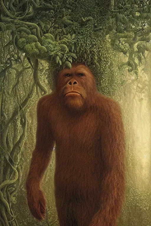 Image similar to intricate stunning highly detailed portrait of bigfoot, 🌱, by agostino arrivabene and vladimir kush, surreal, digital painting, ultra realistic, dramatic lighting, twisted vines, lush plants, pristine water, artstation