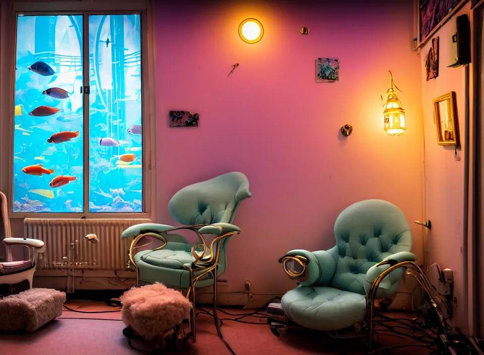 Image similar to telephoto 7 0 mm f / 2. 8 iso 2 0 0 photograph depicting the feeling of chrysalism in a cosy cluttered french sci - fi ( art nouveau ) cyberpunk apartment in a pastel dreamstate art cinema style. ( aquarium, computer screens, window ( city ), fish tank, lamp ( ( ( armchair ) ) ) ), ambient light.