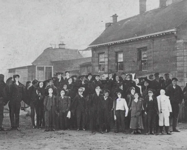 Image similar to an early 1800s photo of people standing in front of the world's largest pancake