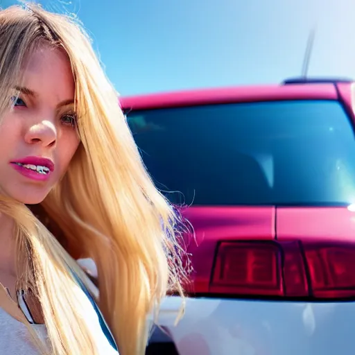 Image similar to petrol station expensive fuel blonde woman nice car cartoon style sunny weather close up shot surprised expression decent clothes