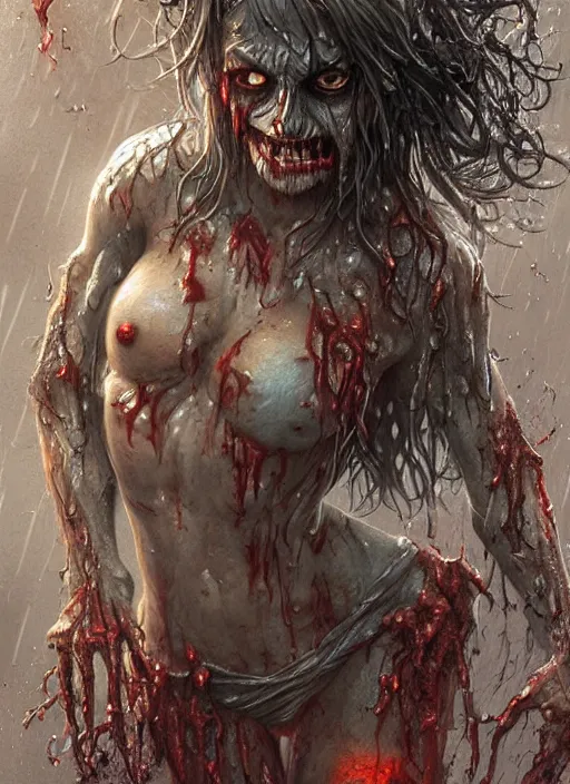 Image similar to digital painting of a wet zombie in the rain by filipe pagliuso and justin gerard, fantasy, highly detailed, realistic, intricate, glowing eyes