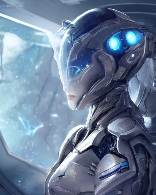 Image similar to photo of a cyborg girl on a space ship, warframe armor, beautiful face, scifi, nebula reflections, futuristic background, dreamy, pure, long white hair, blue eyes, glowing, 8 k high definition, insanely detailed, intricate, innocent, art by akihiko yoshida, antilous chao, li zixin, woo kim