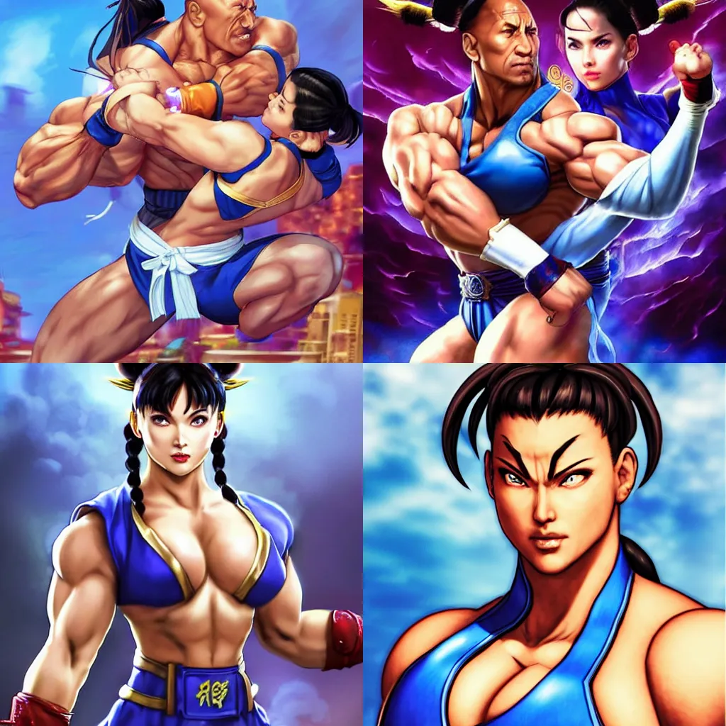 Prompt: street fighter chun li with dwayne johnson's face reminiscent of dwayne johnson, face as of dwayne johnson, looks like dwayne johnson with dwayne johnson's face and dwayne johnson's head, blue female outfit reminiscent of dwayne johnson, intricate, epic lighting, cinematic composition, hyper realistic, 8k resolution, unreal engine 5, by Artgerm, tooth wu, dan mumford, beeple, wlop, rossdraws, James Jean, Andrei Riabovitchev, Marc Simonetti, yoshitaka Amano, Artstation