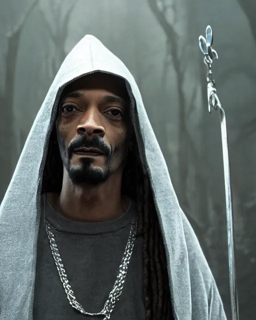 Image similar to Snoop Dogg in the role of Gandalf the Grey in the gray hood speaks to Frodo, film still, amazing short, 8K, IMAX, ultra detailed
