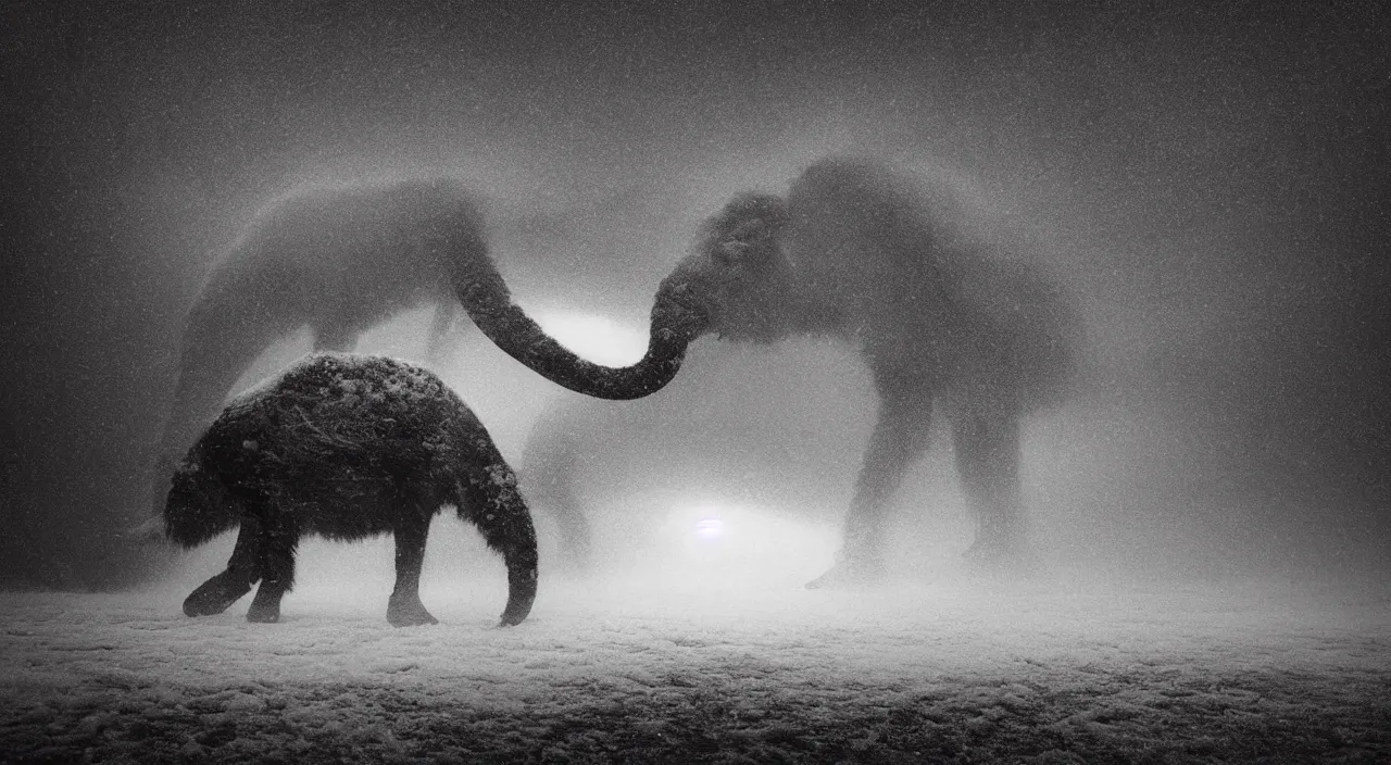 Prompt: “photo of a mechanical mammoth in an arctic storm, fog, snow storm, cold sunset, wind , ice, photoreal”