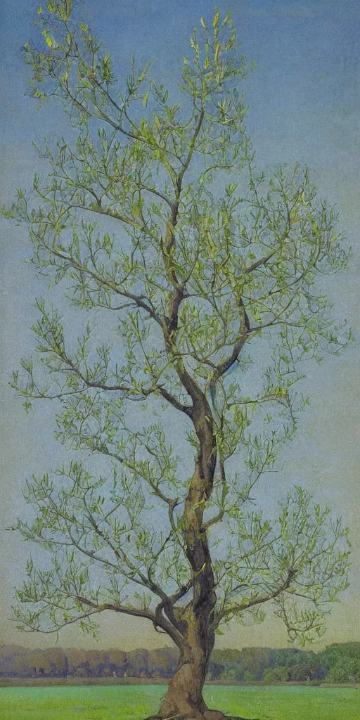 Image similar to art by abbott fuller graves of a giant beautiful tree with diatom leaves