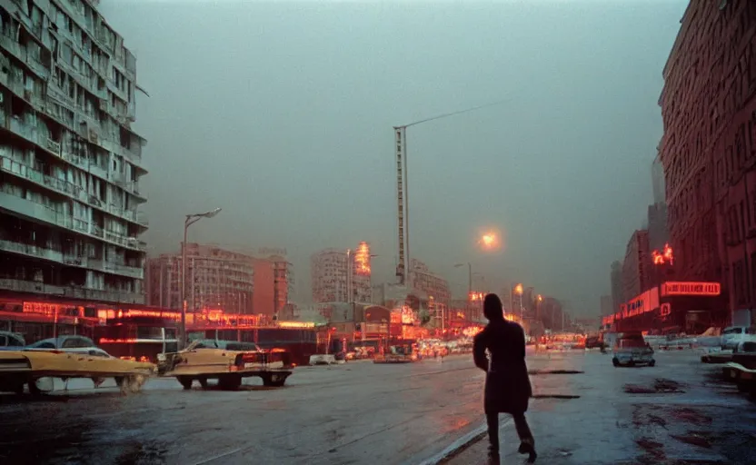 Image similar to 70s movie still of a sovietic street with pedestrians with soviet highrise in the backround , Cinestill 800t 18mm ektachrome color, heavy grainy picture, very detailed, high quality, 4k panoramic, HD criterion, dramatic lightning, neon billboards and streetlight at night, rain, mud, foggy, one giant Marx portrait on the wall, soviet flags