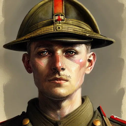 Prompt: german empire ww 1 soldier looking forward portait drawn by greg rutkowski