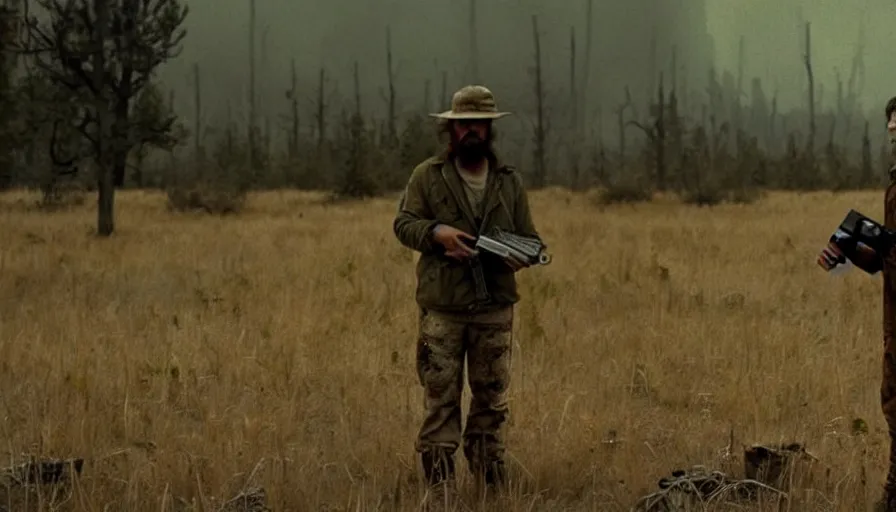 Image similar to lone survivor man holding a radio!! in post - apocalyptic nature landscape. movie screenshot. lush composition by wes anderson, shallow depth of field, cinematic. cinematic composition