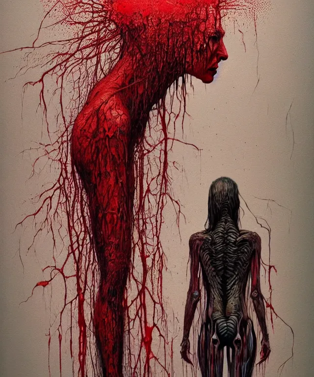 Image similar to woman standing. illustration of arachnophobia, fear of spiders, incredible amount of spiders, bugs. extremely high details, realistic, horror, creepy, masterpiece, art by hermann nitsch, zdzislaw beksinski, dariusz zawadzki, giger, dragan bibin