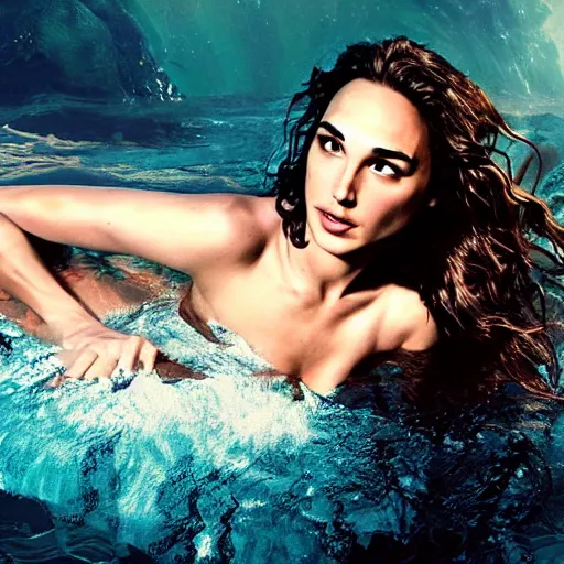 Prompt: Full body photo of the beautiful woman Gal Gadot as a siren, she is swimming, she has a glow coming from her, she is getting illuminated for rays of light that cross the sea, the photo was taking by Annie Leibovitz, matte painting, oil painting, naturalism, 4k, 8k