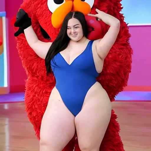 Prompt: a body of a thicc woman wearing a elmo costume