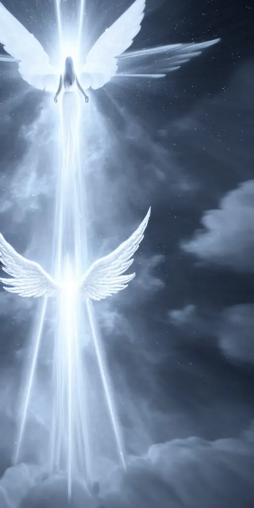 Image similar to a way to go to heaven. very beautiful and peaceful celestial way in the sky to go to the gate of heaven. we can see detailed angels fly across this way. white ominous. volumetric light, intricate, very beautiful fantasy art, digital illustration. unreal engine 5 rendering.