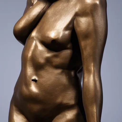 Prompt: a bronze sculpture of a woman standing low poly sharp angles museum lighting