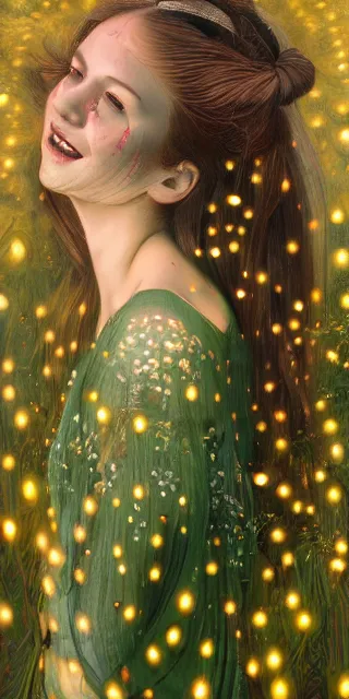 Prompt: young woman, serene smile surrounded by golden firefly lights, amidst nature fully covered by a intricate detailed dress, long loose red hair, precise linework, accurate green eyes, small nose with freckles, smooth oval shape face, empathic, expressive emotions, spiritual scene, hyper realistic ultrafine art by artemisia gentileschi, jessica rossier, boris vallejo